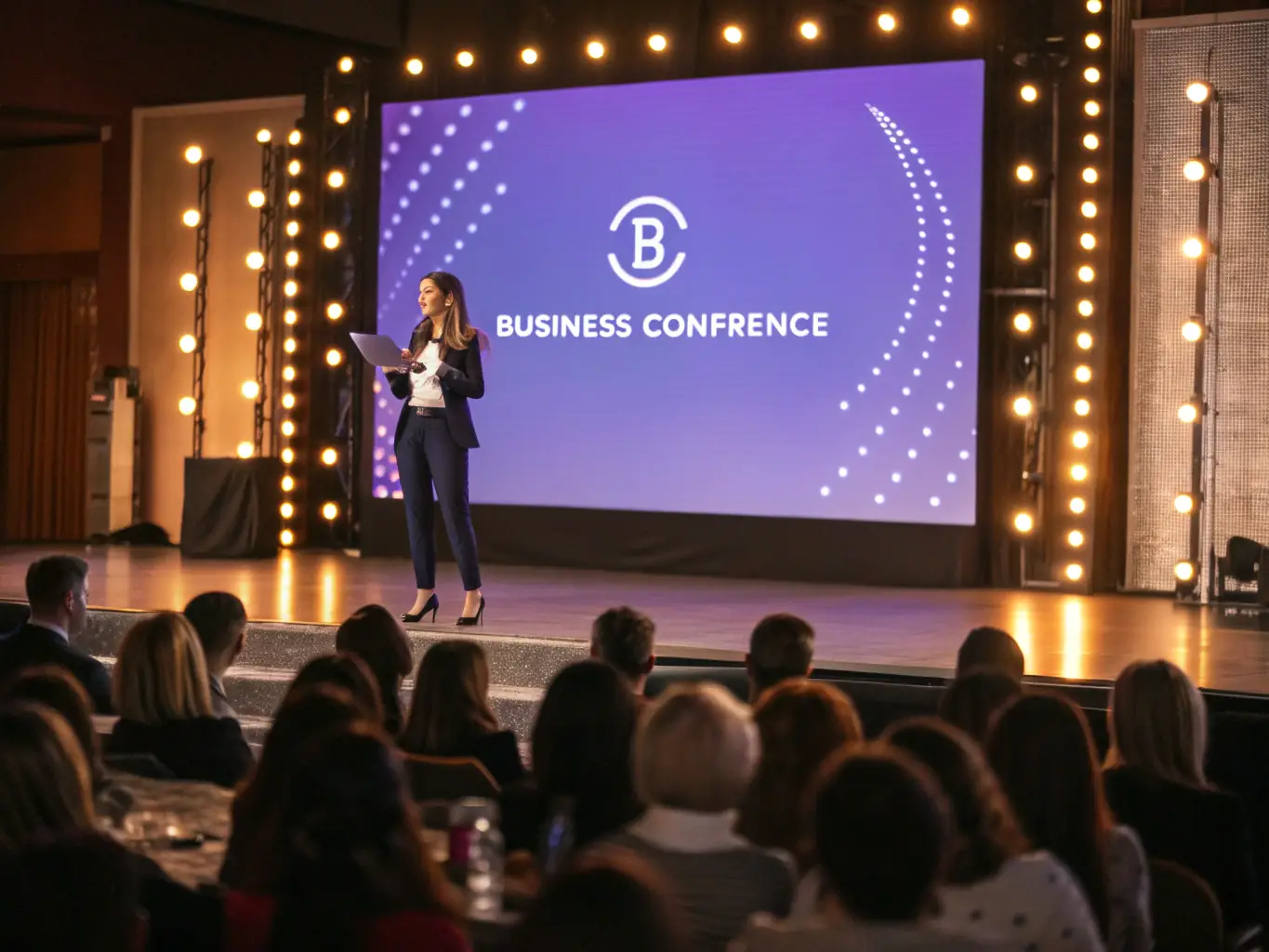 A photograph of a keynote speaker passionately addressing a large audience at the PulseUno Entrepreneurship Conference, with attendees actively taking notes and engaging with the presentation.